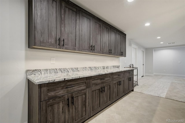 16510 Early Light Dr, Colorado Springs, CO 80908 - bar with visible vents, baseboards, light colored carpet, recessed lighting, and light tile patterned floors