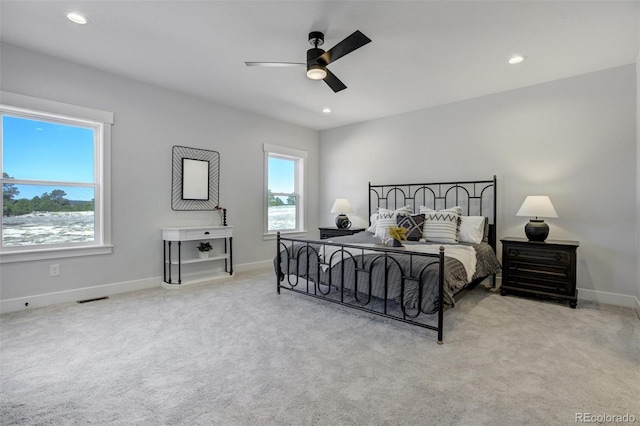 16510 Early Light Dr, Colorado Springs, CO 80908 - carpeted bedroom with recessed lighting, baseboards, visible vents, and ceiling fan