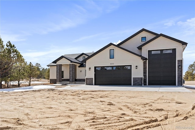 16510 Early Light Dr, Colorado Springs, CO 80908 - modern farmhouse with stone siding, an attached garage, and stucco siding