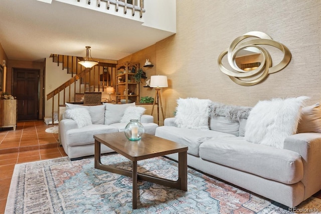 tiled living room with stairs