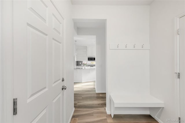 mudroom featuring wood finished floors and baseboards