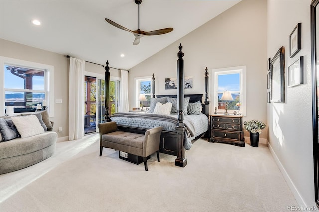 carpeted bedroom featuring ceiling fan, access to outside, and high vaulted ceiling