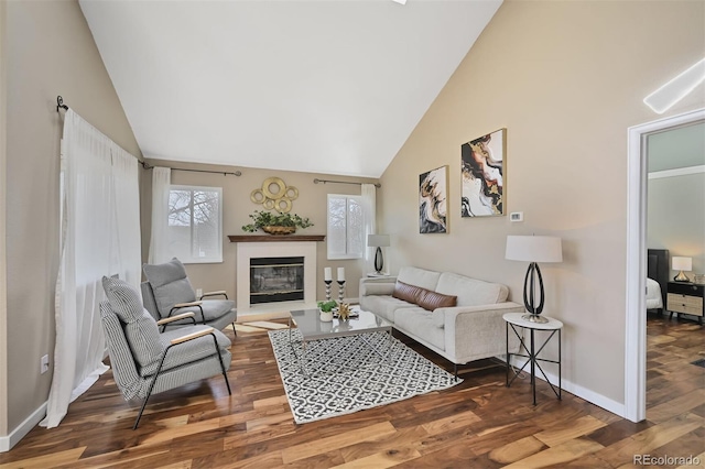 living area featuring a glass covered fireplace, wood finished floors, baseboards, and high vaulted ceiling