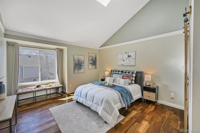 bedroom featuring baseboards, dark wood-type flooring, and crown molding