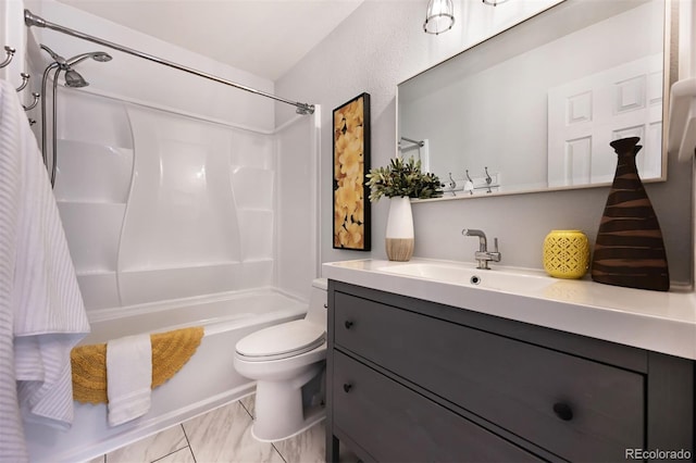 bathroom featuring tub / shower combination, toilet, and vanity