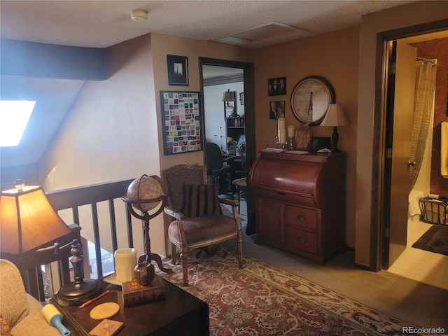 interior space featuring attic access, carpet flooring, and a textured ceiling