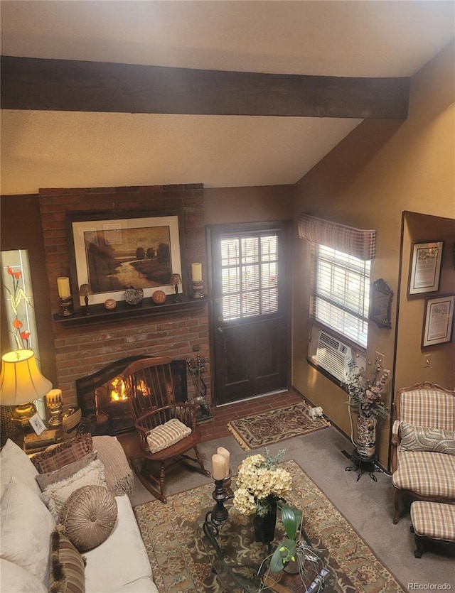 living area featuring vaulted ceiling with beams, cooling unit, a fireplace, and carpet floors