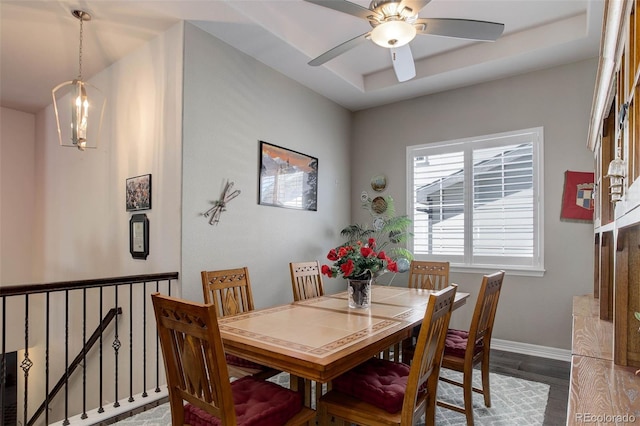 4767 S Odessa St, Centennial, CO 80015 - dining area featuring wood finished floors, ceiling fan, and baseboards