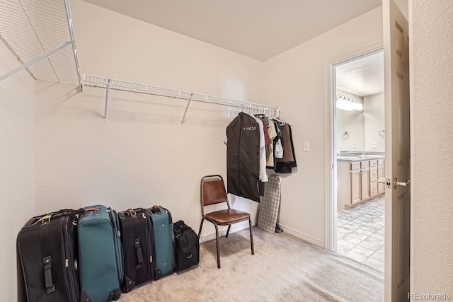 spacious closet featuring light colored carpet