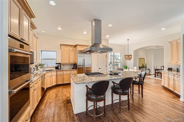 kitchen featuring wood finished floors, a center island, appliances with stainless steel finishes, decorative backsplash, and island exhaust hood