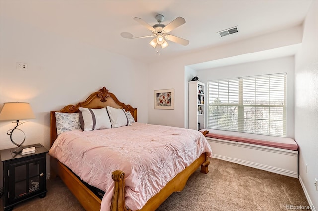 bedroom featuring carpet floors, visible vents, ceiling fan, and baseboards