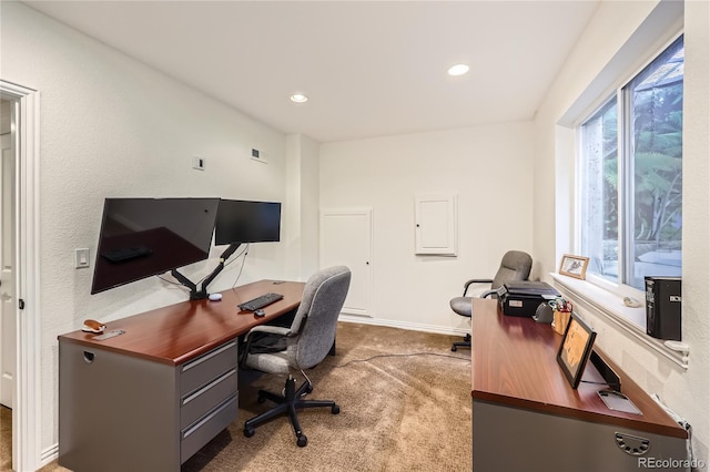 carpeted home office featuring recessed lighting, visible vents, and baseboards