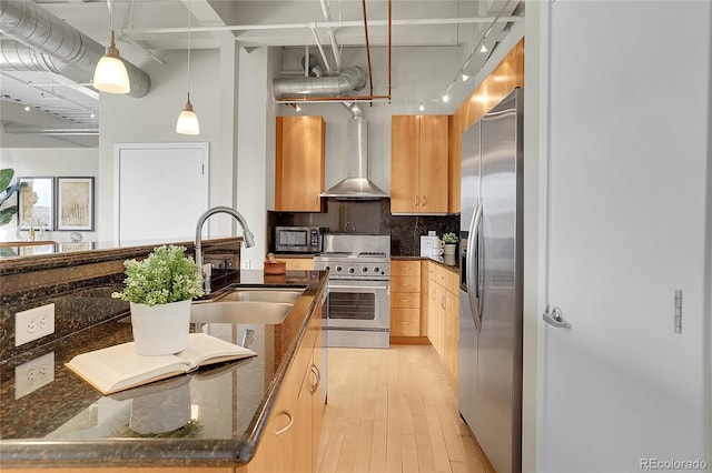 kitchen with light wood-type flooring, wall chimney exhaust hood, sink, hanging light fixtures, and appliances with stainless steel finishes