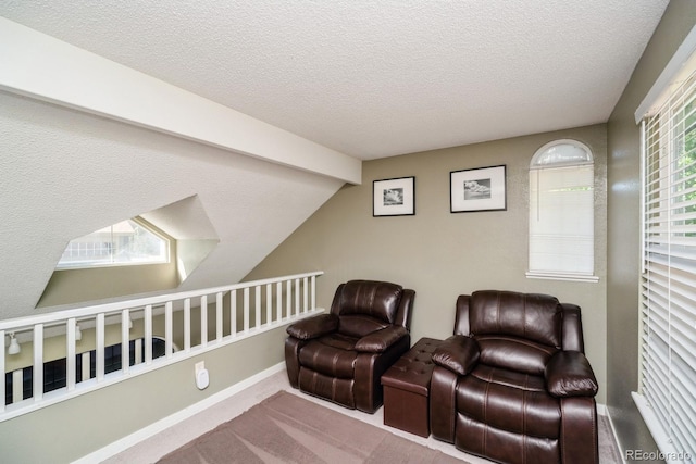 4218 E Flanders St, Denver, CO 80249 - sitting room featuring a textured ceiling, carpet flooring, and vaulted ceiling