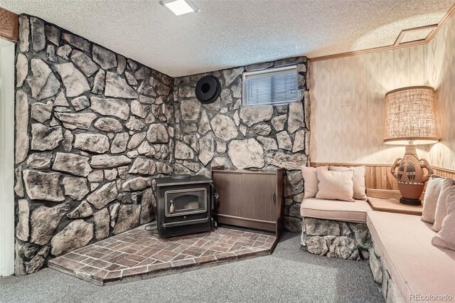 10223 W 77th Dr, Arvada, CO 80005 - carpeted living room featuring a wood stove, a textured ceiling, and wood walls