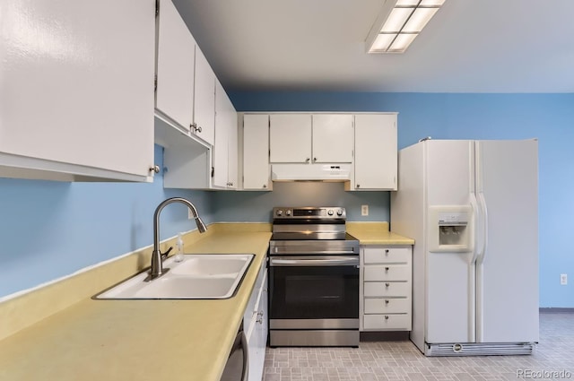 kitchen featuring dishwasher, white refrigerator with ice dispenser, electric stove, sink, and white cabinetry