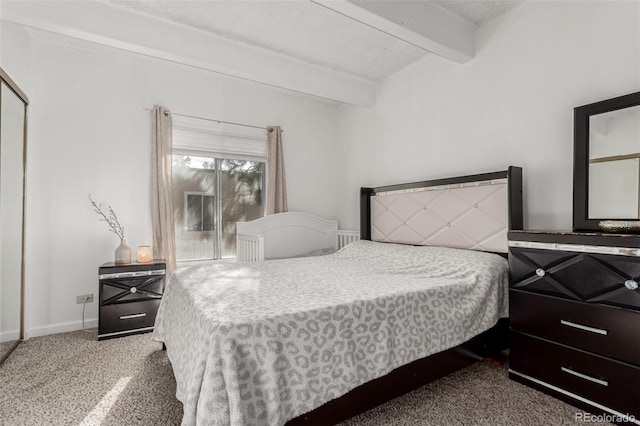 carpeted bedroom featuring beamed ceiling, baseboards, and a textured ceiling