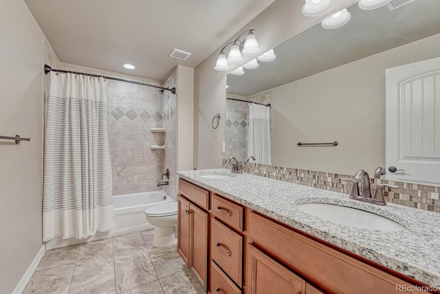 6132 Cubbage Dr, Colorado Springs, CO 80924 - full bath with double vanity, a sink, shower / bathtub combination with curtain, and a textured ceiling