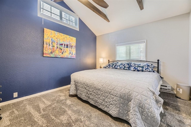 carpeted bedroom with baseboards, high vaulted ceiling, ceiling fan, beamed ceiling, and a textured wall