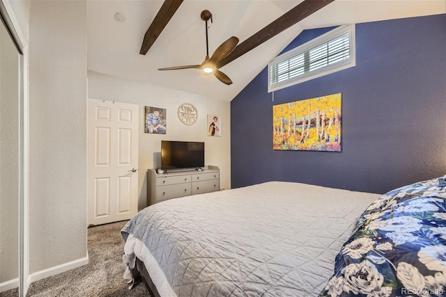 carpeted bedroom featuring ceiling fan, lofted ceiling with beams, and baseboards