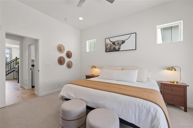 16722 Shoshone St, Broomfield, CO 80023 - bedroom featuring light carpet, baseboards, ceiling fan, and recessed lighting