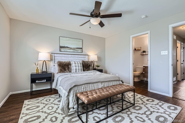 4620 E 135th Way, Thornton, CO 80241 - bedroom with wood finished floors, baseboards, ensuite bath, and a ceiling fan
