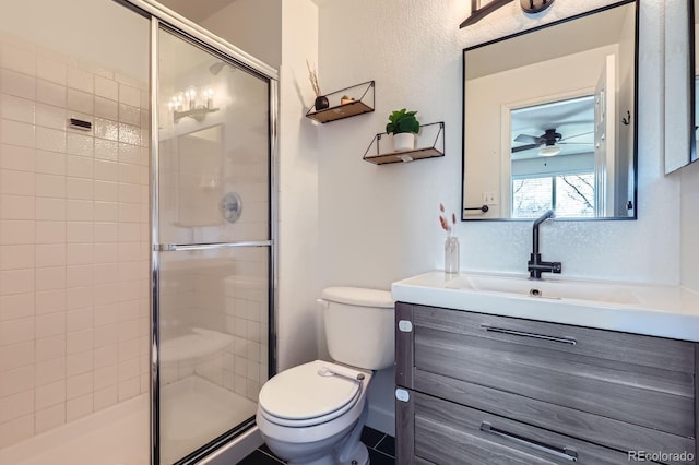 4620 E 135th Way, Thornton, CO 80241 - full bathroom featuring toilet, a stall shower, vanity, and ceiling fan