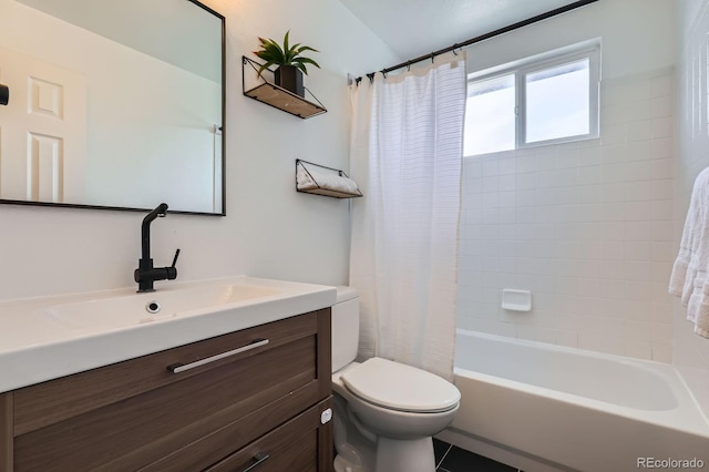 4620 E 135th Way, Thornton, CO 80241 - bathroom with vanity, toilet, and shower / bathtub combination with curtain
