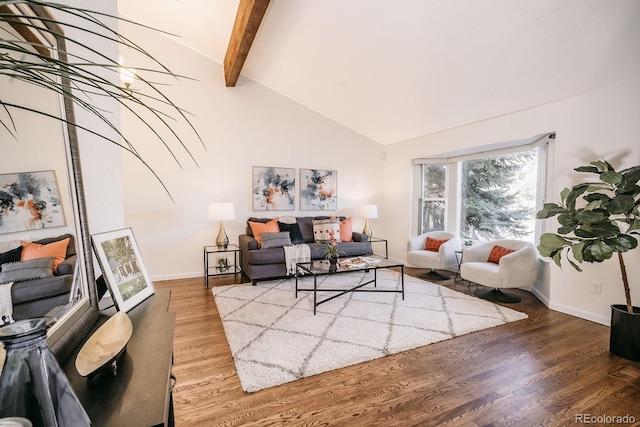 living area featuring beamed ceiling, baseboards, high vaulted ceiling, and wood finished floors