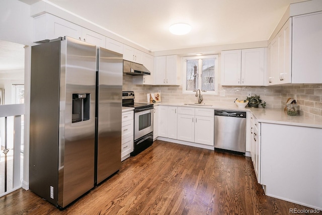 kitchen with under cabinet range hood, backsplash, stainless steel appliances, and a sink