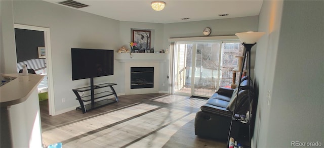 7355 S Alkire St Unit 203, Littleton, CO 80127 - living room featuring wood finished floors and a glass covered fireplace