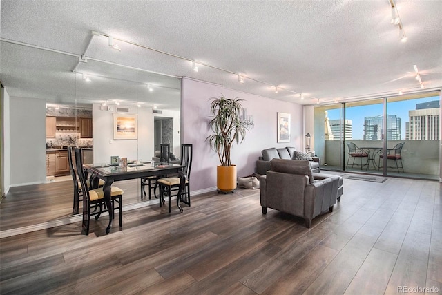 living room with a textured ceiling, a wall of windows, rail lighting, and dark wood-type flooring