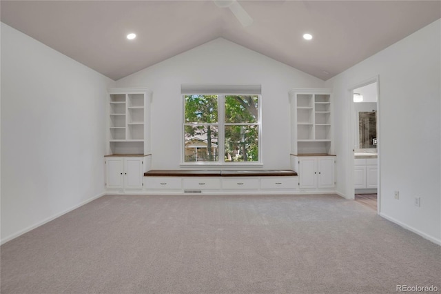 6054 W Adriatic Pl, Lakewood, CO 80227 - spare room featuring lofted ceiling, ceiling fan, light carpet, baseboards, and recessed lighting