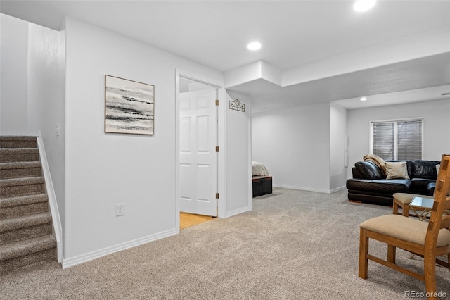 5944 S Yank Ct, Littleton, CO 80127 - living area featuring light carpet, stairs, recessed lighting, and baseboards
