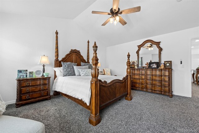 5944 S Yank Ct, Littleton, CO 80127 - bedroom featuring carpet floors, vaulted ceiling, a ceiling fan, and baseboards