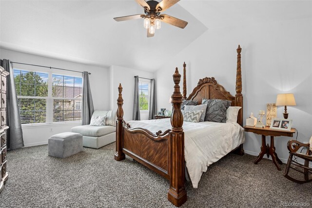 5944 S Yank Ct, Littleton, CO 80127 - bedroom with carpet flooring, lofted ceiling, baseboards, and ceiling fan