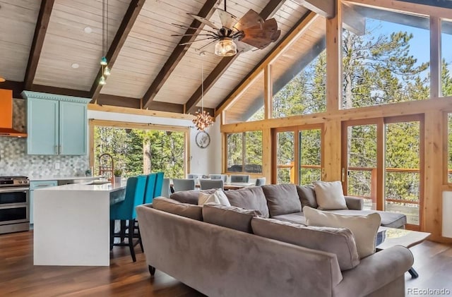 142 High Point Dr, Breckenridge, CO 80424 - living room featuring wood ceiling, dark wood-style floors, beam ceiling, a chandelier, and high vaulted ceiling