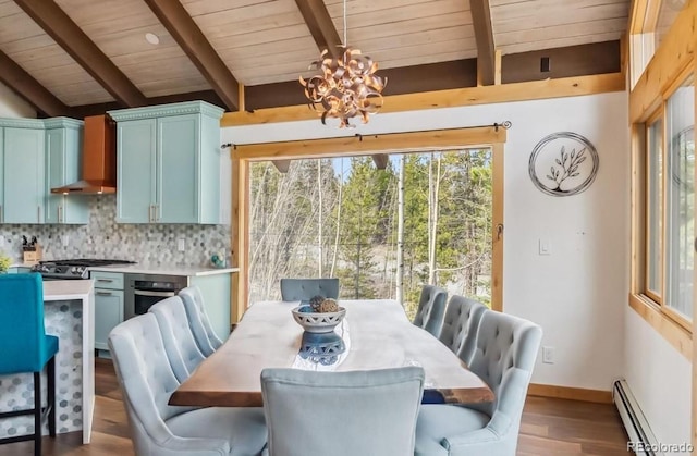 142 High Point Dr, Breckenridge, CO 80424 - dining area featuring a baseboard heating unit, wood ceiling, a chandelier, plenty of natural light, and wood finished floors