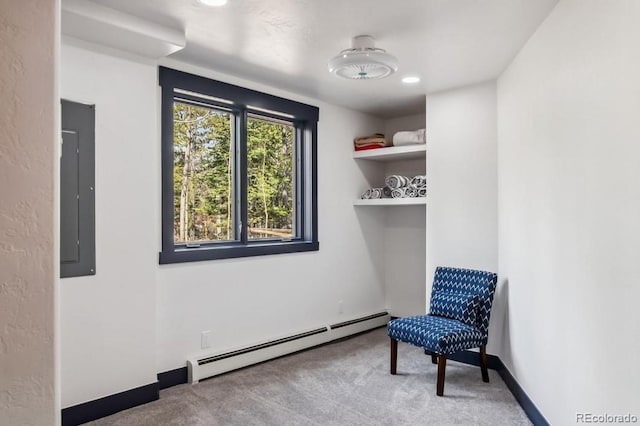 142 High Point Dr, Breckenridge, CO 80424 - sitting room featuring a baseboard radiator, carpet floors, electric panel, and baseboards