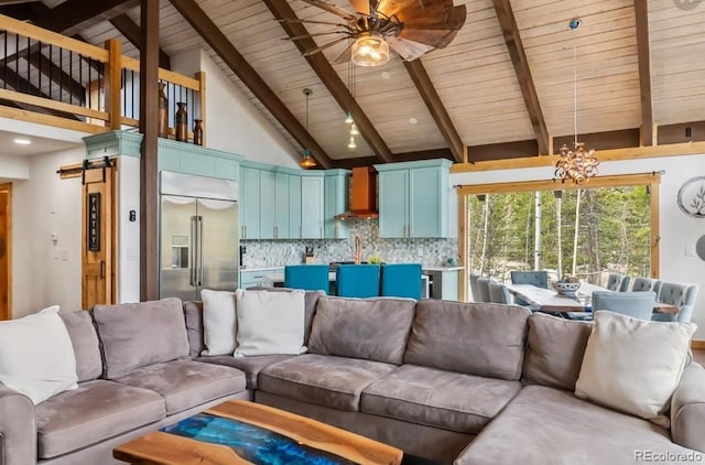 142 High Point Dr, Breckenridge, CO 80424 - living area featuring ceiling fan, beam ceiling, wooden ceiling, and high vaulted ceiling