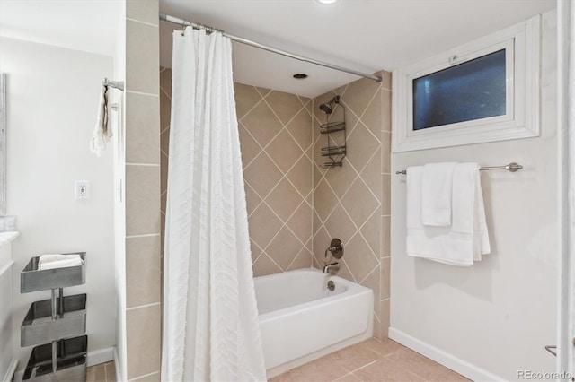 1870 S Ogden St, Denver, CO 80210 - bathroom with shower / tub combo with curtain, tile patterned floors, and baseboards