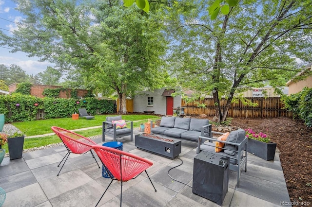 1870 S Ogden St, Denver, CO 80210 - view of patio / terrace featuring an outdoor living space with a fire pit and an outbuilding