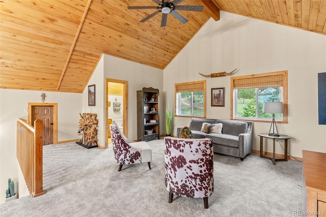 15608 Ouray Rd, Pine, CO 80470 - carpeted living area with a wooden ceiling with exposed beams, ceiling fan, and high vaulted ceiling