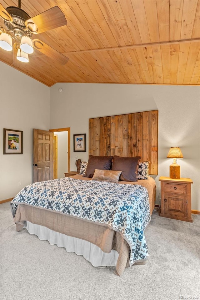 15608 Ouray Rd, Pine, CO 80470 - bedroom with carpet, vaulted ceiling, wooden ceiling, and a ceiling fan