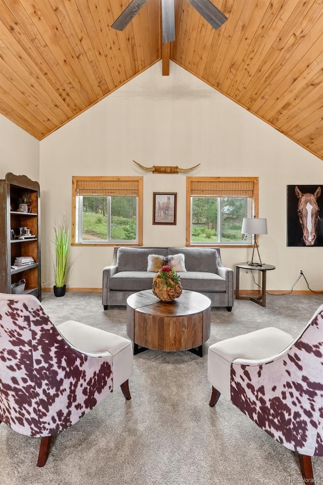 15608 Ouray Rd, Pine, CO 80470 - carpeted living area featuring lofted ceiling, a ceiling fan, healthy amount of natural light, and wooden ceiling