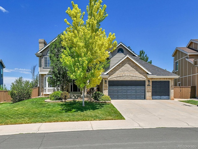 2145 Wynterbrook Dr, Highlands Ranch, CO 80126 - view of property hidden behind natural elements with an attached garage, brick siding, concrete driveway, and a chimney