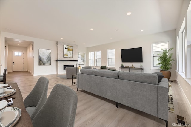 living room with a healthy amount of sunlight and light hardwood / wood-style flooring