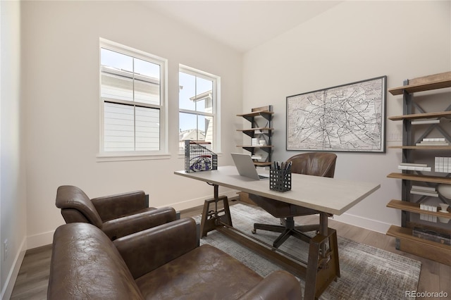 home office featuring dark hardwood / wood-style flooring