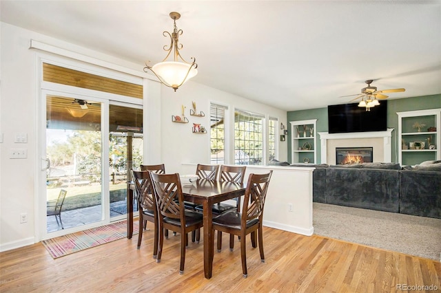 dining room with light wood-type flooring, ceiling fan, baseboards, and a glass covered fireplace