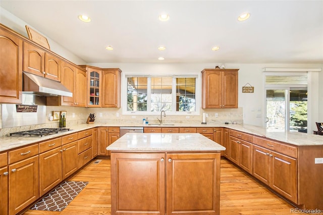 kitchen featuring light stone counters, a peninsula, stainless steel appliances, under cabinet range hood, and a sink